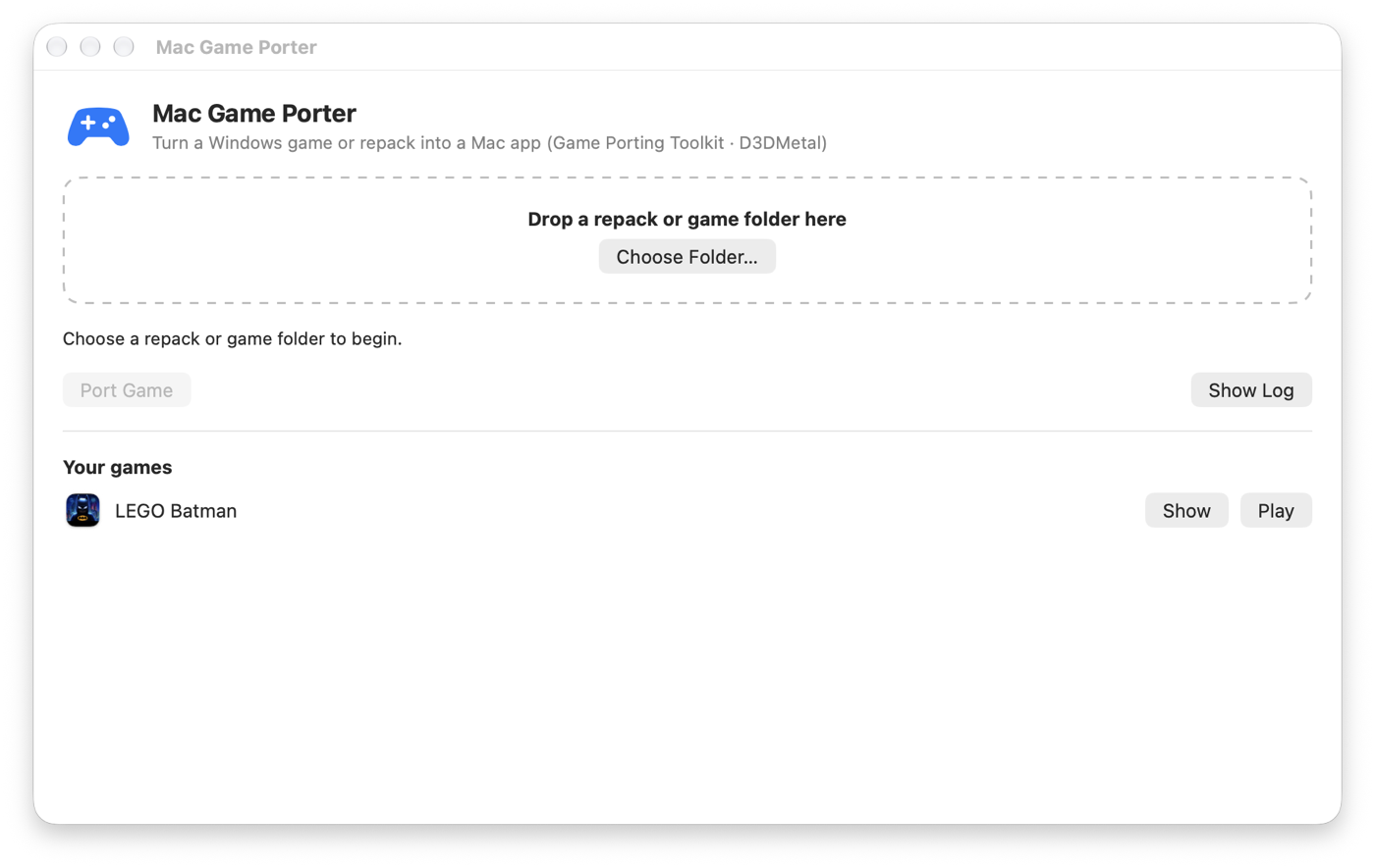 Mac Game Porter window: drop a Windows game or repack folder and press Port Game